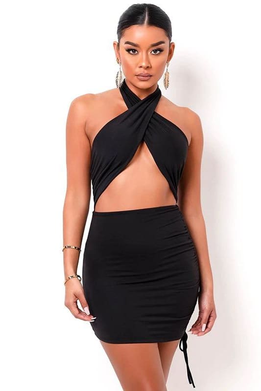 Black Halter Wrap Ruched Cutout Mini Dress - IRHAZ